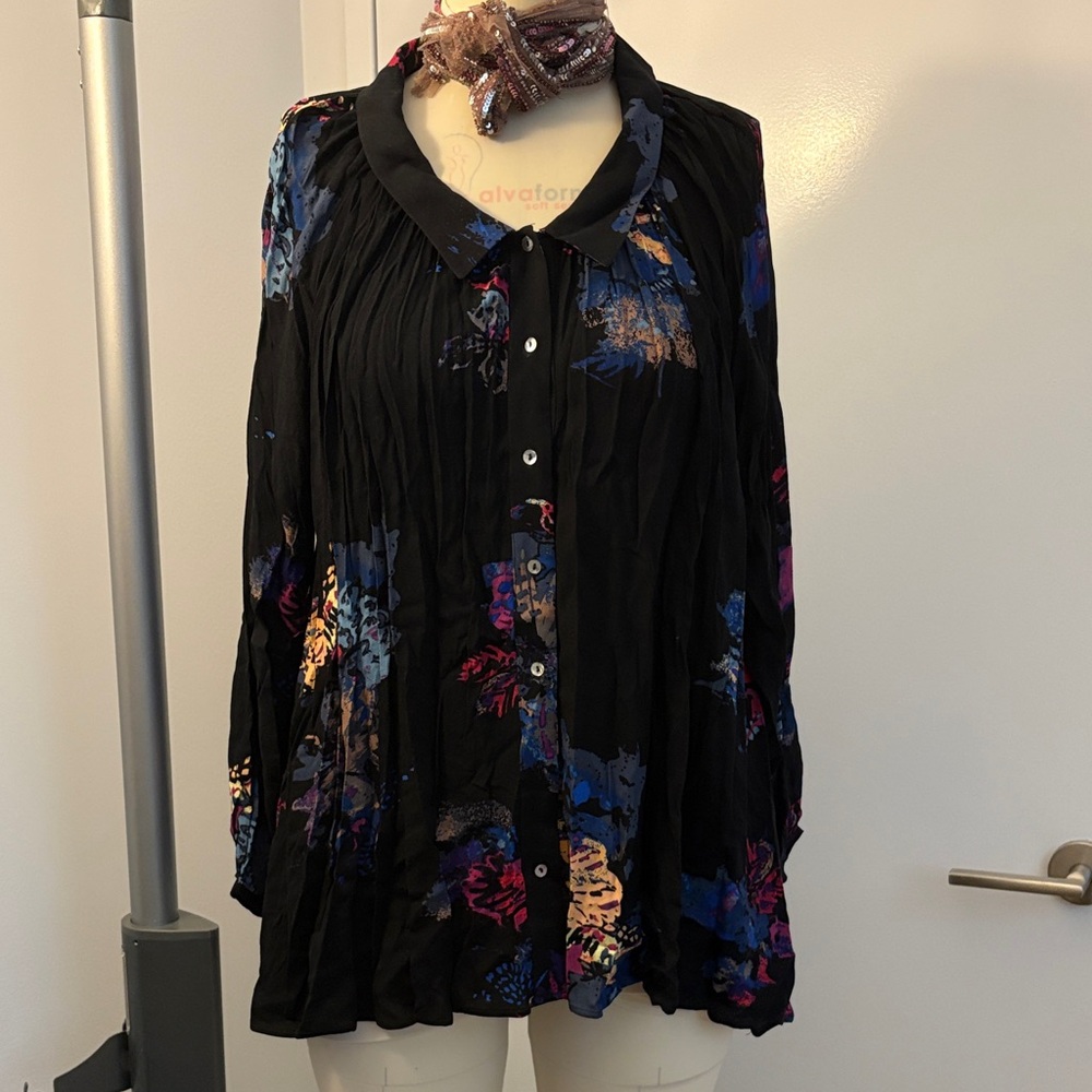 Free People Black Blouse with Multicolor Floral Design